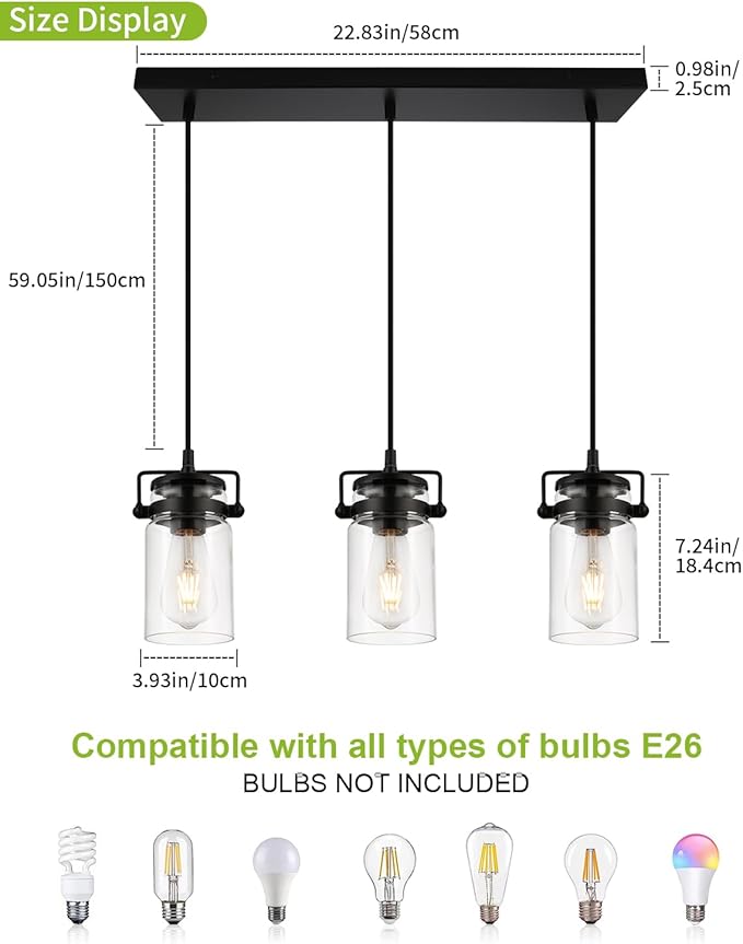 Pendant Lighting for Kitchen Island, Modern Glass Pendant Light Linear Chandelier for Dining Room Industrial Hanging, 3 Light Fixture Adjustable Cord Farmhouse Ceiling Light Black Finish