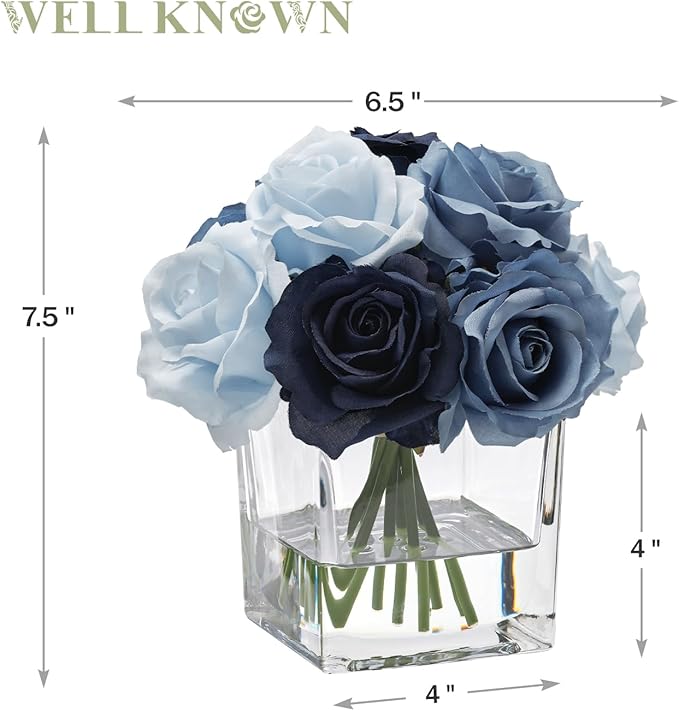 WELL KNOWN Rose Artificial Flowers in Vase with Faux Water, Silk Rose Table Centerpieces for Home Coffee Table Decor, Fake Roses Flower Arrangements for Office Hotel Lavatory Decor (Blue)