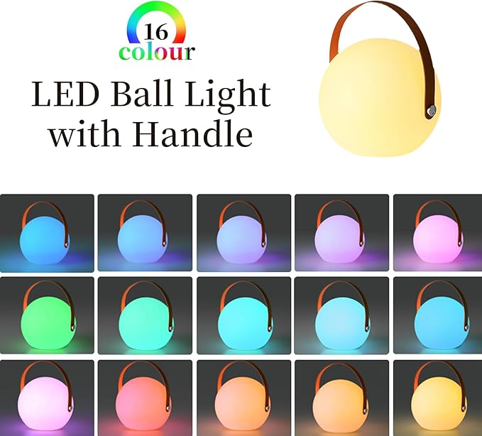 LED Glowing Ball Light with Handle, 7-Inch Cordless 16 Color Changing and 4 Light Modes Kids Night Light, Rechargeable & Dimmable Mood Lamp with Remote Control for Home Party Camping