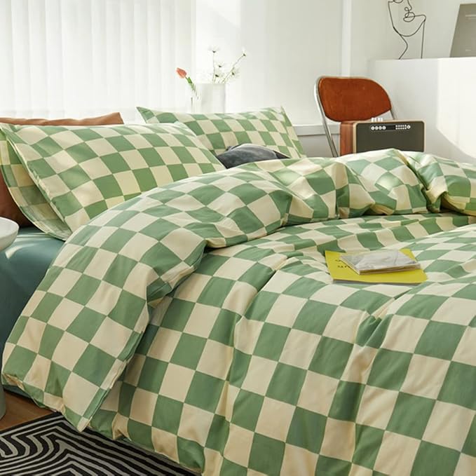 CLOTHKNOW Green White Plaid California King Comforter Set 3Pcs Grid Bedding Comforter Sets Checker Comforter with 2 x Pillow Cases