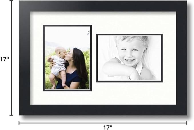 ArtToFrames Collage Photo Frame Double Mat with 2-5x7 inch Openings with Black Frame and Fabric White Top Mat