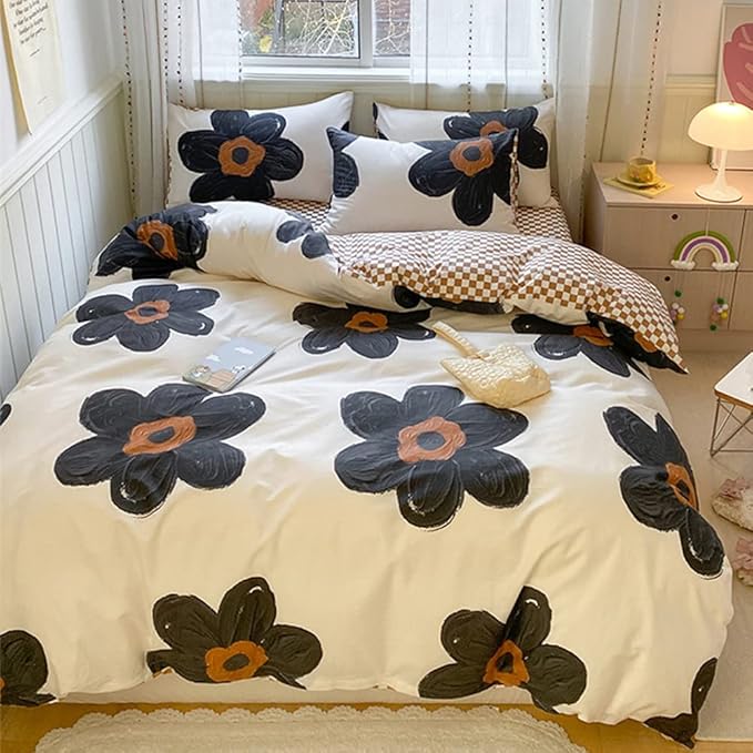 Pureant Black Sunflower Comforter Sets Full Black and White Floral Bedding Comforters Cotton Women Girls Boho Black Botanical Quilts Large Flower Blankets Garden Adults Teens Bohemian Rustic Bedding