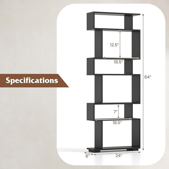 Tangkula 6-Tier S-Shaped Bookshelf, 64" Freestanding Geometric Bookcase, Home Office Wood Storage Shelf with Anti-Toppling Device, Room Divider Display Rack for Study, Living Room (1, Black)
