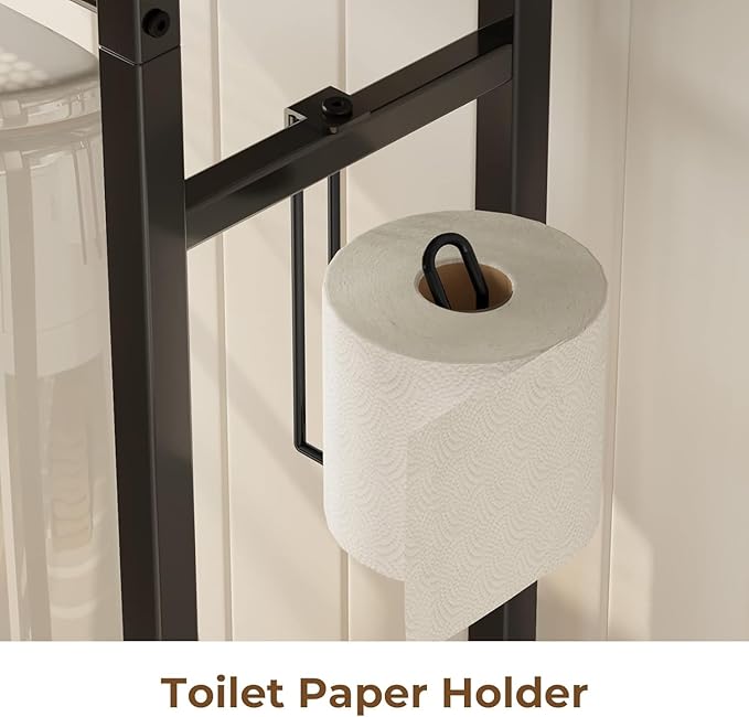 Rolanstar Over The Toilet Storage 4-Tier, Freestanding Bathroom Organizer, Sturdy Behind Toilet Rack with Hooks, Space-Saving Design, Fits Most Toilets, Rustic Brown
