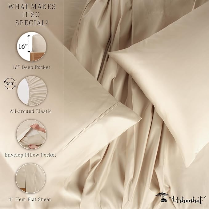 URBANHUT 700 Thread Count Egyptian Cotton Sheets King Size, 4Pc Bed Sheet Set Soft Luxury Bed Sheets for King Size Bed, Sateen Weave Hotel Sheets, 16'' Elasticized Deep Pocket - Sand