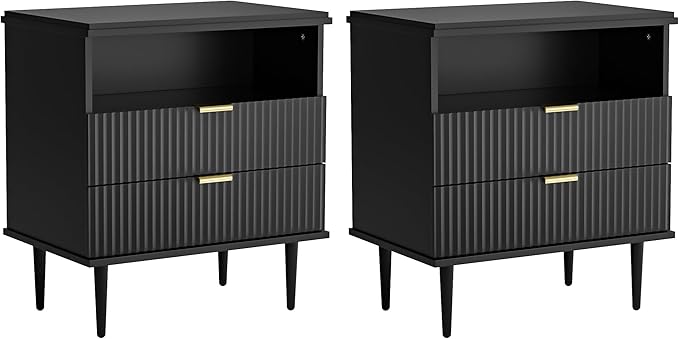 Nightstand with Charging Station, Wide Fluted Nightstand, Wood for Bedroom, Living Room, Black Dresser with Storage Drawers, Bedside Table with Metal Handle & Leg (Black Set of 2, 23.3)