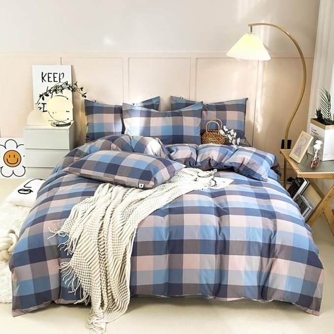 VM VOUGEMARKET Blue Plaid Duvet Cover Sets Queen,Soft Washed Cotton 3 Pieces Gingham Duvet Cover with Zipper Closure for Teen Boys Girls Simple Modern Bedding Set (Blue/Grey/Beige)