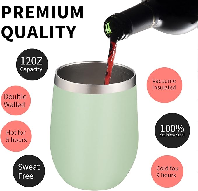12oz/6 Pack Wine Tumbler Glasses with Lid Stemless Double Wall Vacuum Stainless Steel Travel Tumbler Keeping Cold & Hot for Wine,Coffee,Cocktails,Christmas Drinks-Family and Gifts (Multi color-couple)