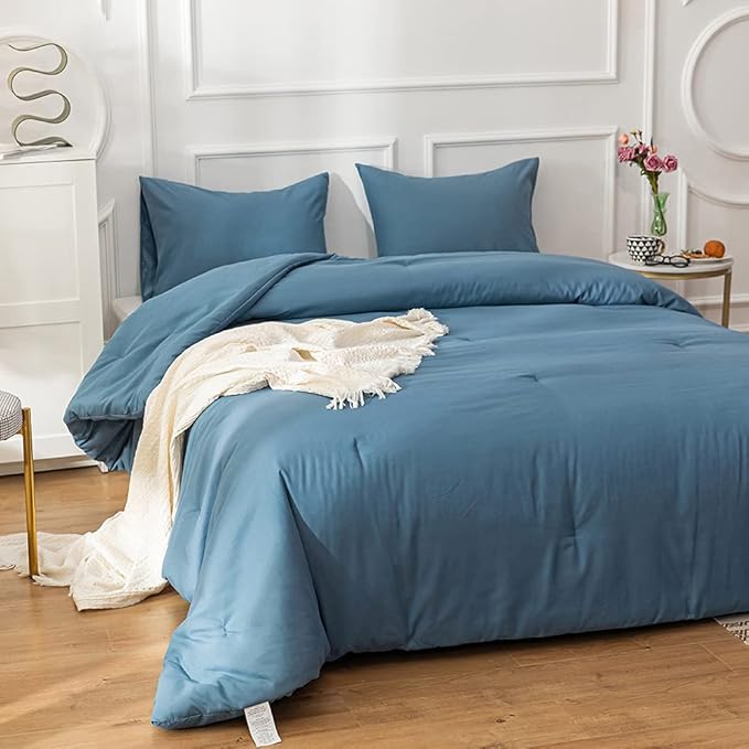 Pureant Blue Comforter Set King Size Dusty Blue Bedding Comforter Sets for Women Men Cotton Lake Blue King Comforter Soft Adults Grayish Comforter Sets Solid Color Quilt Breathable