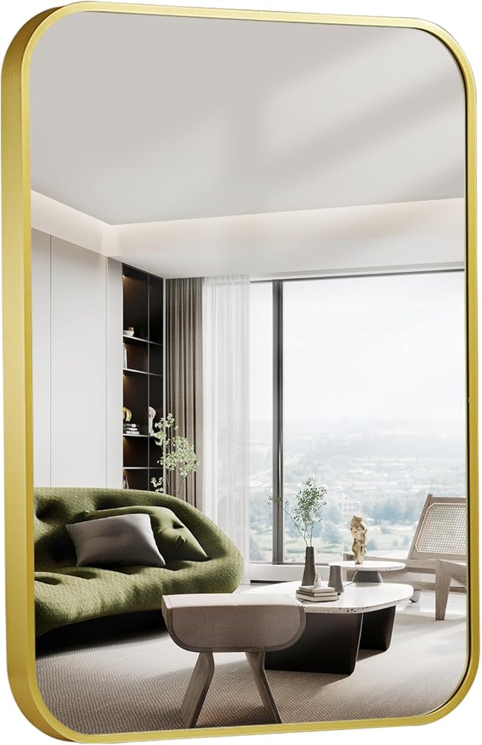 20x28 Inch Bathroom Mirror for Wall,Matte Gold Framed Rectangle Mirror with Rounded Corner,Aluminum Alloy Framed Brushed Wall Mirror for Bedroom or Living Room,Vertical or Horizontal