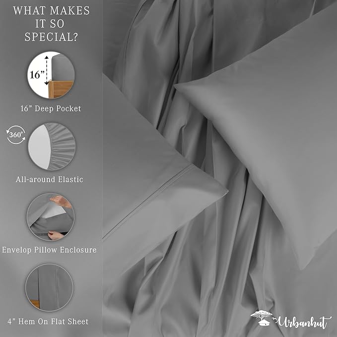 URBANHUT 700 Thread Count Egyptian Cotton Sheets California King Size, 4Pc Sheet Set Luxury Bed Sheets for Cal King Size Bed, Sateen Weave Hotel Sheets, 16'' Elasticized Deep Pocket - Dark Grey