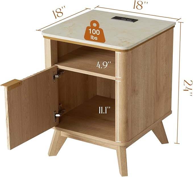 QUW Fluted Nightstand Set of 2 with Charging Station, Bedside Table with Open Storage and Cabinet, 18" Modern Side Table, End Table for Bedroom, Living Room, Natural Oak