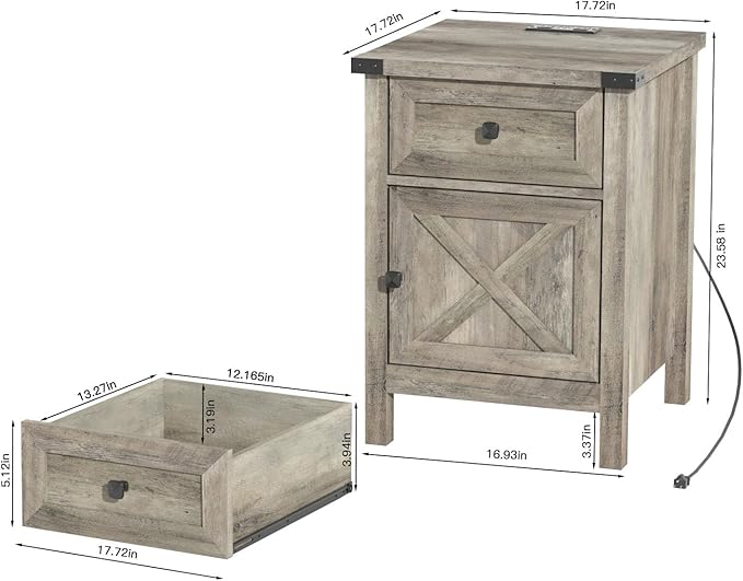 Rustic Nightstand with Charging Station, Night Stand with Barn Door and Drawer, Storage Bedroom Living Room Bedside Table Farmhouse End Table Industrial Bedside Table with USB Ports and Outlets，Grey