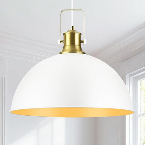 18 Inch White Farmhouse Pendant Lights for Kitchen Island Industrial Pendant Lighting Adjustable Height Vintage Dome Hanging Light Fixtures for Barn, Dining Room