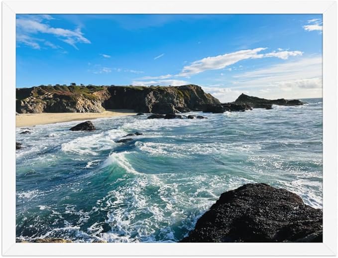 Bodega Bay Coastal Wall Art – Framed Ocean Photography Print – California Nature Landscape Poster – Seascape Decor for Living Room or Bedroom - (18x24 inches)- Wooden Framed (White)