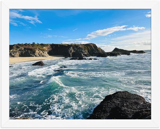 Bodega Bay Coastal Wall Art – Framed Ocean Photography Print – California Nature Landscape Poster – Seascape Decor for Living Room or Bedroom (11x14 inches) - Wooden Framed (White)