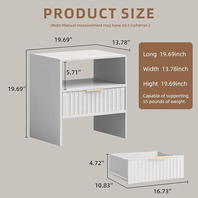 Nightstand with Drawers, Bedside Table with Storage Shelf, Modern Night Stand with Drawer for Bedroom, End Table for Home Living Room Office White