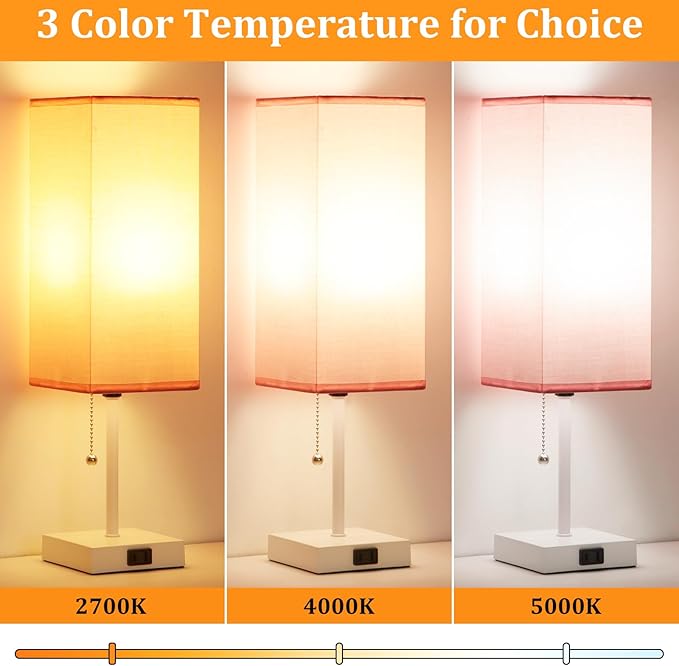 Table Lamp for Bedroom set of 2,3-Color Bedside Lamps with Pull Chain Table Lamps for Nightstand with AC Outlets,18'' Night Light Lamps with 2 Bulbs Lamps for Living Room Kids Office Decor（White-pink）