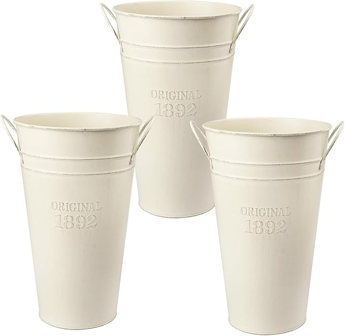 3 PCS 12 Inch Rustic Galvanized Flower Vases, Farmhouse French Buckets for Beautiful Floral Arrangements, Home Decor or Weddings and Events