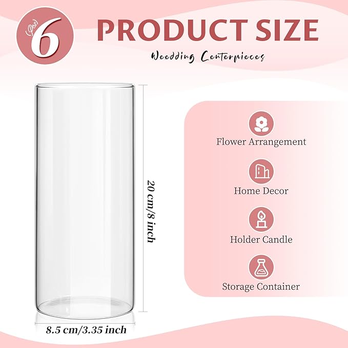 6 Pack Glass Cylinder Vases 8 Inch Tall Clear Flower Vase Bulk Glass Vases Hurricane Floating Candle Holder for Table Centerpiece Party Wedding Home Decor