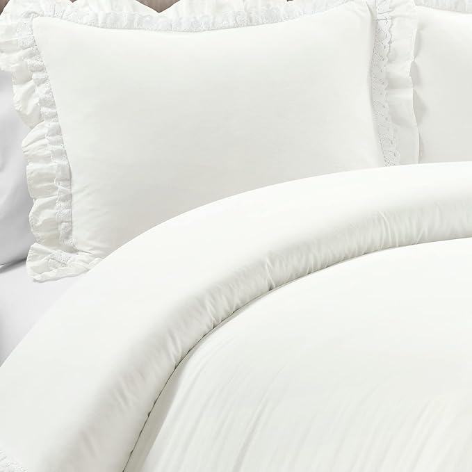 Lush Decor Ella Ruffle Lace 100% Cotton Duvet Cover, 3 Piece Set, Full/Queen, White - Cute Comforter - Queen Bedding Set - White Bedding Full Size - Coquette Decor - Neutral Lace Trim - Ruffle Trim