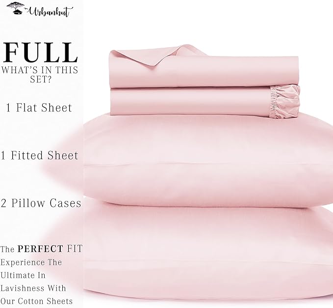 URBANHUT 700 Thread Count Full Size Egyptian Cotton Sheets, 4Pc Sheet Set Soft Luxury Bed Sheets for Full Size Bed, Sateen Weave Hotel Sheets, 14'' Elasticized Deep Pocket - Blush Pink