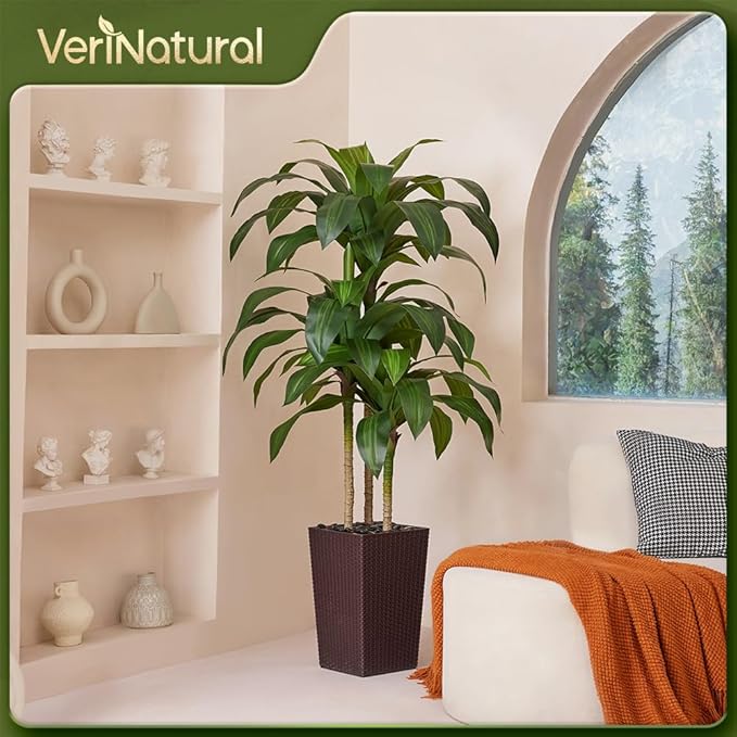 5FT Artificial Dracaena Tree - UV Resistant Faux Tropical Plant, Potted Fake Tree with Taper Planter & Pebbles - Indoor Outdoor Greenery for Home, Porch, Living Room, Bedroom Decor, VN127