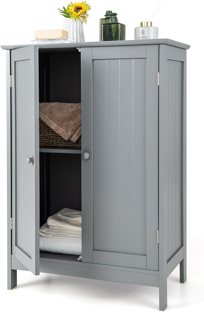 GLACER Bathroom Floor Cabinet, Wooden Storage Cabinet with Double Doors, Suitable for Bathroom, Living Room, Entryway, 23.5 x 14 x 34 inches (Grey)