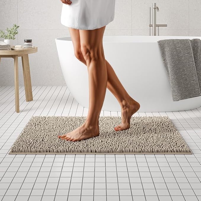 MAYSHINE Plush Shaggy Chenille Bath Mat | Extra Soft, Super Absorbent, Non-Slip Bathroom Rug | Fluffy Microfiber, Area Rug Sets for Bathroom Floor, Kitchen, Living Room | 39"x24" | Beige
