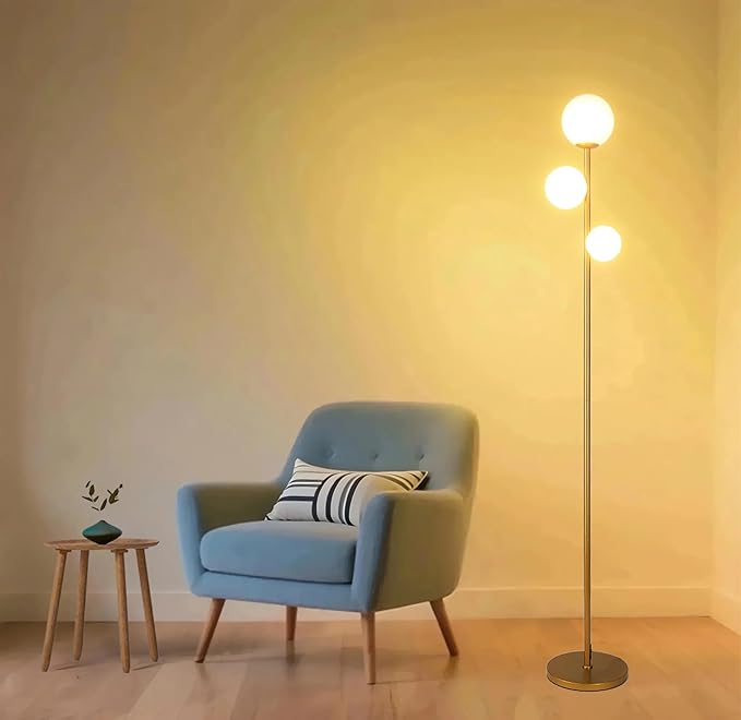 Fiqevs 3 Globe Mid Century Modern Floor Lamp for Living Room, Gold Standing Lamp with Frosted Glass Shade and 3x2700K Warm LED Bulbs, Vintage Retro Tall Lamps for Bedrooms, Office - Antique Brass