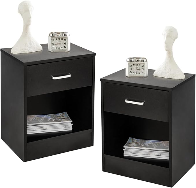 Karl home Nightstand Set of 2, Wood Nightstand for Bedroom, Bedside Table Set 2 with Open Shelf, Modern Night Stand Set of 2, End Table, Black
