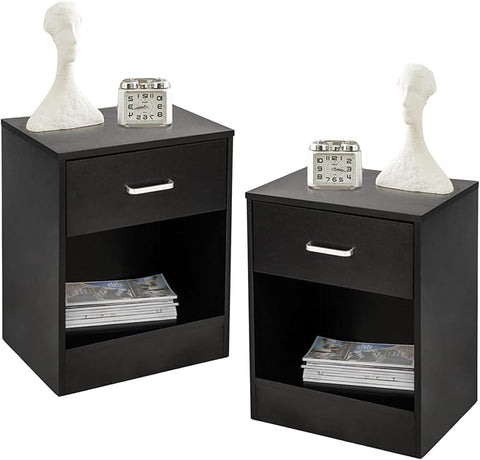 Karl home Nightstand Set of 2, Wood Nightstand for Bedroom, Bedside Table Set 2 with Open Shelf, Modern Night Stand Set of 2, End Table, Black