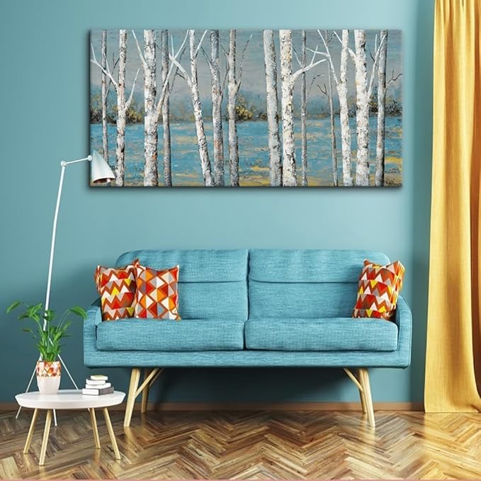 Country Birch Woods Wall Art for Living Room Office Navy Blue Forest Canvas Painting Prints Rustic Artwork Dining Room Bedroom Decor (20x40 Inches)