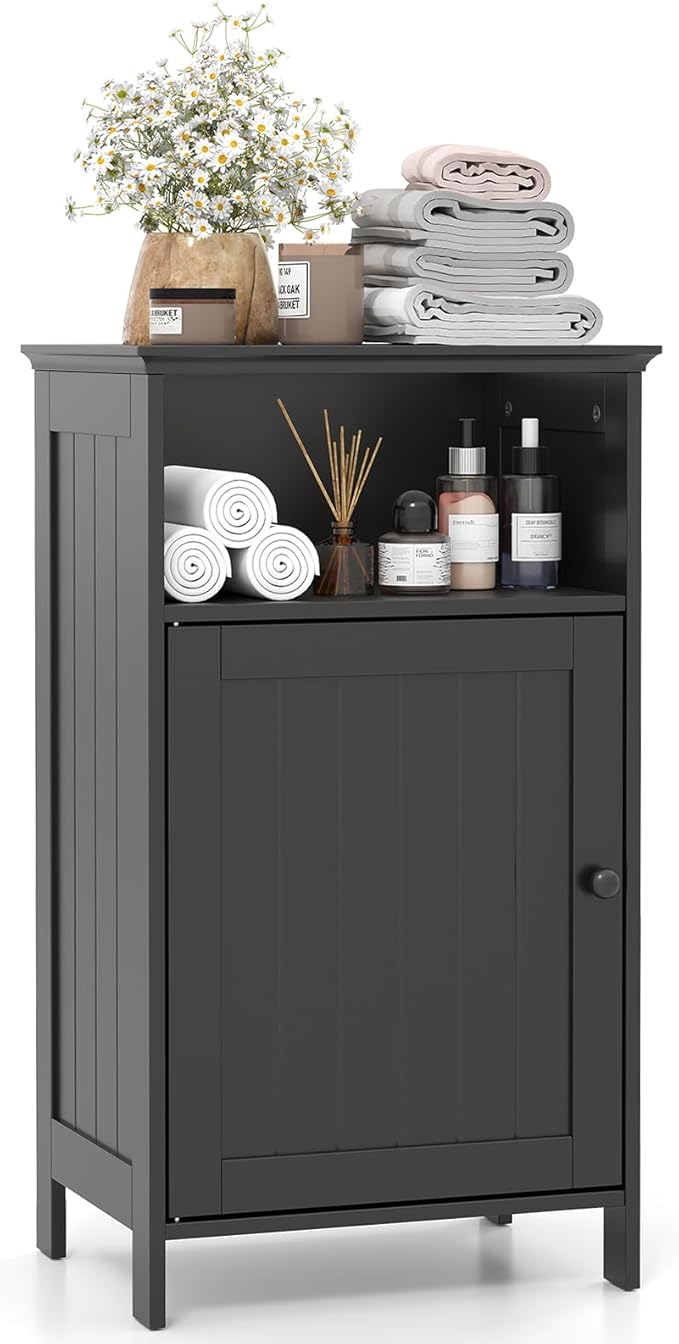 Tangkula Bathroom Storage Cabinet, Freestanding Wooden Single Door Side Floor Organizer with Adjustable Shelf, Small Bathroom Cabinet for Small Spaces, Living Room (Black)