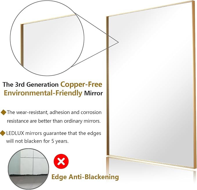 36x48 Inch Gold Bathroom Mirror, Copper-Free Aluminum Alloy Frame Vanity Mirror, Rectangle Wall Mounted Modern Mirror for Bedroom/Living Room/Porch Horizontal or Vertical