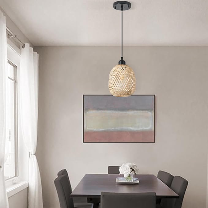 TERLEENART 1pcs Hand Woven Bamboo Boho Chic Pendant Light,Adjustable Cord Bamboo Rattan Ceiling Hanging Light for Dining Room Bar Cafe Restaurant Craft Room