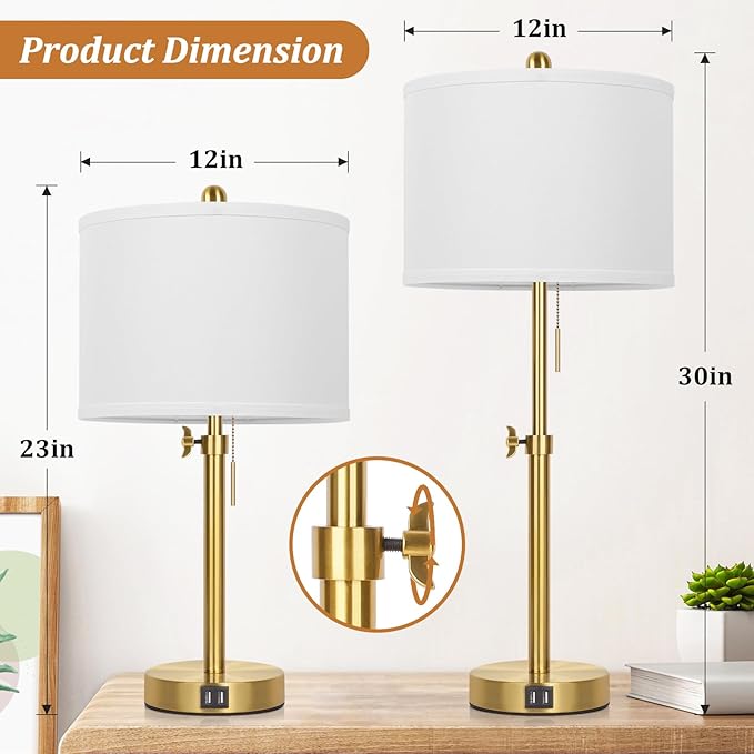 Table Lamp Set of 2, Bedside Lamp with 2 USB Ports, Gold Tall Table Lamp for Living Room End Tables, 23" to 30" Height Adjustable Lamp for Bedroom, Farmhouse Table Lamps with Pull Chain, E26