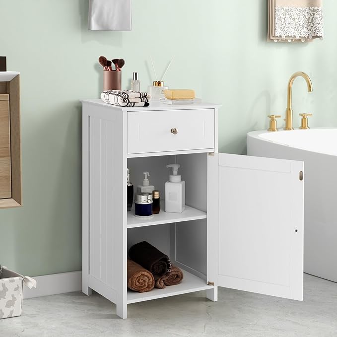 Tangkula Small Bathroom Cabinet for Small Spaces, Freestanding Single Door Bathroom Storage with Adjustable Shelf, Anti-Tipping Device, Smooth Drawer, Floor Cabinet for Living Room