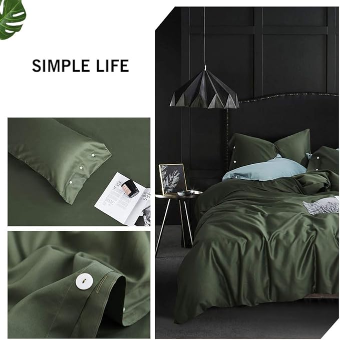 VM VOUGEMARKET Green Duvet Cover Queen,3pcs Silky Cooling Sateen Cotton Bedding Set for Hot Sleeper,Soft Breathable Duvet Cover with Zipper (Dark Green,Queen)