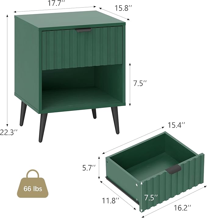 Fluted Nightstand, Natural Wood Nightstand with Drawer and Open Storage, Mid Century Fluted Side Table Modern Bedside Stand with Wood Veneer for Bedroom, Office, Green