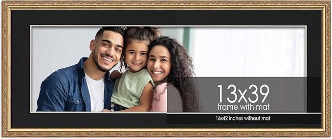 13x39 Frame with Mat - Antique Gold 16x42 Frame Wood Made to Display Print or Poster Measuring 13 x 39 Inches with Black Photo Mat