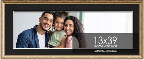13x39 Frame with Mat - Antique Gold 16x42 Frame Wood Made to Display Print or Poster Measuring 13 x 39 Inches with Black Photo Mat