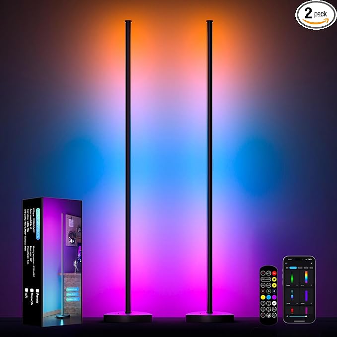 Corner Floor Lamp, 2 Pack LED Corner Lamp with APP and Remote Control, 16 Million DIY Colors & Warm White, Music Sync, Timing Function, Color Changing Ambient Lights for Living Room, Bedroom, Gaming