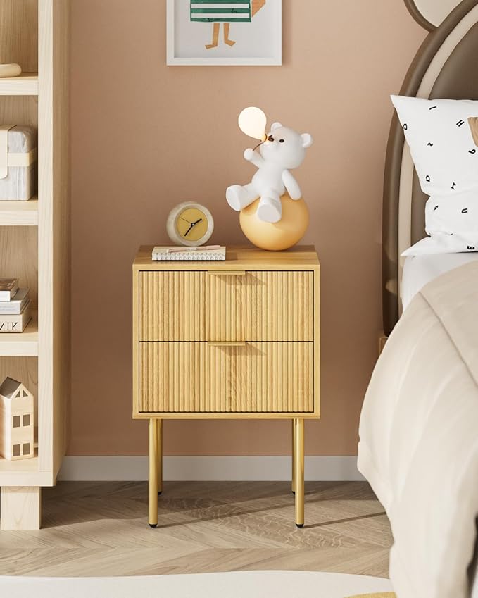 Nightstand,Morden Bedside Table with Gold Frame,Small White Night Stand,End Table,Bedside Furniture,Side Table with Drawer and Shelf for Bedroom,Living Room (2Drawers, Oak)