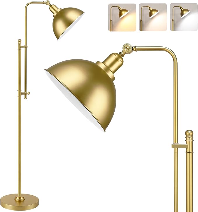 PARTPHONER Industrial Floor Lamp Adjustable, Rustic Farmhouse Reading Lamp in Aged Gold Finish, Modern Standing Lamp with Remote Control Metal Shade for Living Room Bedroom Study Room Office Hotel