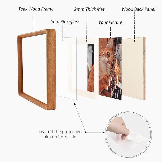 10x10 Square Picture Frame in Natural Teak Wood, Solid Wooden Frames matted to 6x6/8x8, Gallery Frames for Wall Mount or Tabletop Display