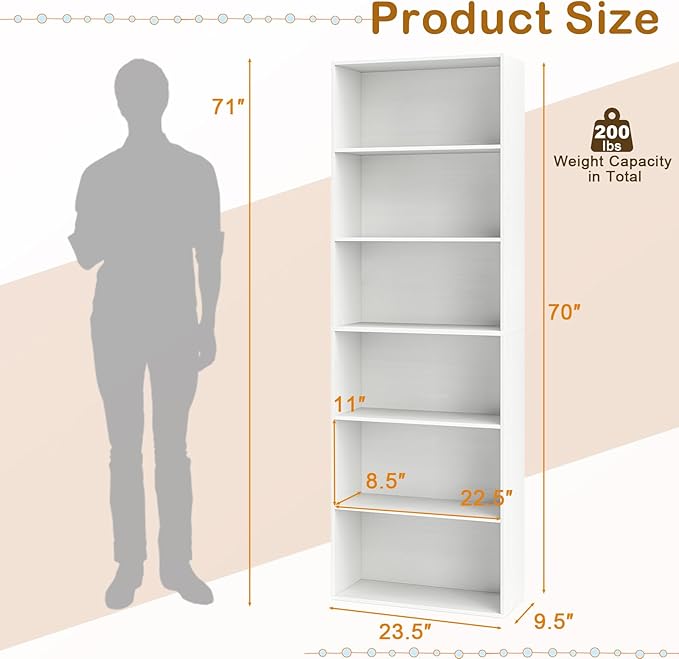 Tangkula 6-Tier Bookcase, 70” Tall Freestanding Bookshelf with 6 Open Shelves, Anti-Toppling Kits, Floor Display Storage Organizer for Living Room, Study, Kitchen, Home & Office (White, 70" H)