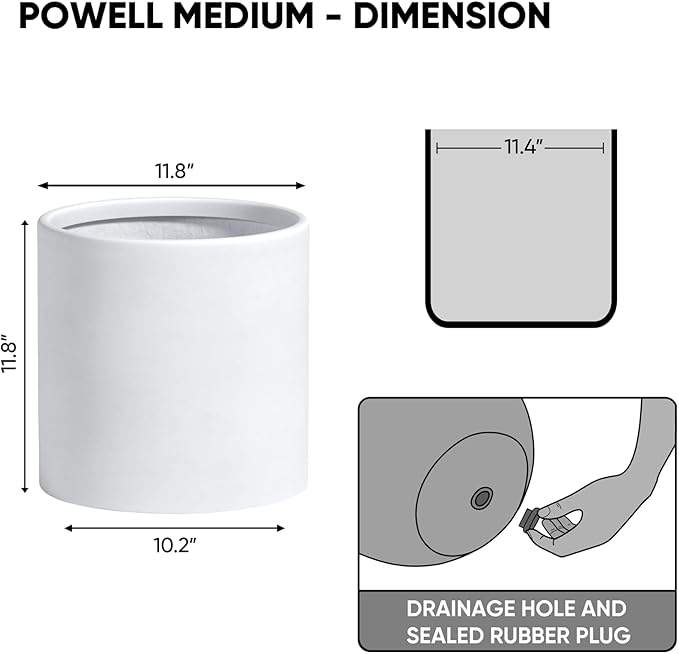 DTY Signature Mount Powell Fiberstone Planter - 12 Inch Medium White Cylindrical Mid-Century Modern Home Decor Indoor & Outdoor Plant Pot - Durable Planters for Indoor Plants, Outdoor Spaces
