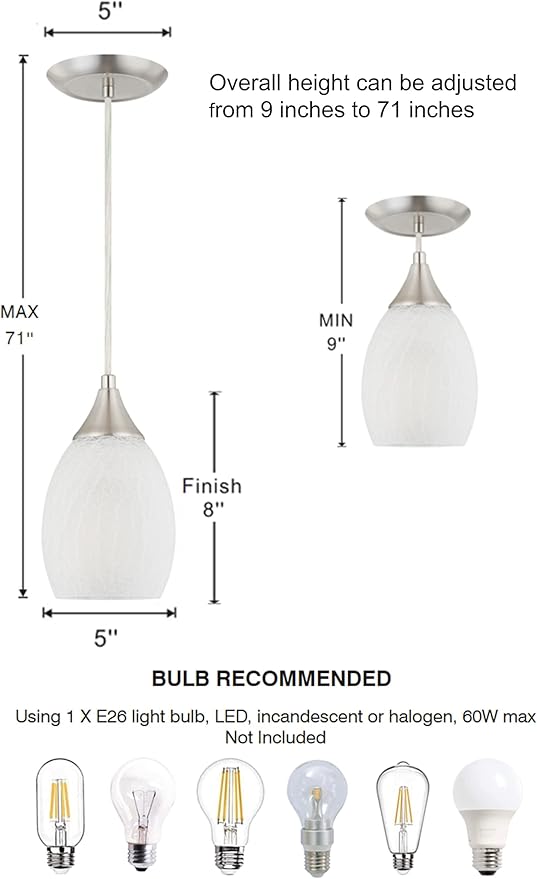 Glassland Pendant Lighting, 1 Light Mini Pendant Light in Brushed Nickel with Cracked Frosted Glass Shade, ETL Listed.