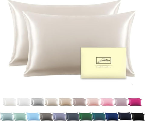 SUATIEN Breathable Mulberry Silk Pillowcase Set - Soft and Silky with Hidden Zipper (Beige, 20" x 26", 2 Pack)